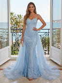 Lace Appliques Mermaid V Neck Spaghetti Straps Long Evening Dresses