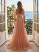 Sparkly Tulle A Line V Neck Spaghetti Straps Long Evening Dresses with Slit