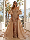Satin Mermaid Off Shoulder Long Evening Dresses with Train
