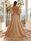 Satin Mermaid Off Shoulder Long Evening Dresses with Train