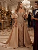 Satin Mermaid Off Shoulder Long Evening Dresses with Train