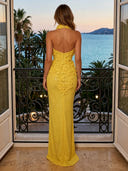 Sparkly Sequin Mermaid Halter 3D Flowers Long Evening Dresses with Slit