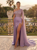 Satin Mermaid Off Shoulder Long Evening Dresses with Slit