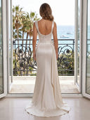 Satin Mermaid Spaghetti Straps Long Evening Dresses with Pearls