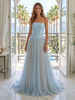 Glitter Tulle A Line Strapless Sleeveless Long Evening Dresses