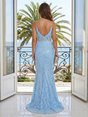 Lace Appliques Mermaid V Neck Spaghetti Straps Long Evening Dresses with Slit