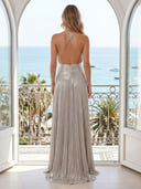 Metallic Satin A Line Halter Long Evening Dresses with Slit