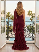 Tulle Mermaid One Shoulder Long Evening Dresses with Flowers