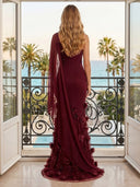 Tulle Mermaid One Shoulder Long Evening Dresses with Flowers