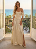 Satin A Line Off Shoulder Long Evening Dresses with Slit