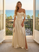 Satin A Line Off Shoulder Long Evening Dresses with Slit