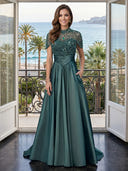 Satin A Line Short Sleeves Long Evening Dresses with Pockets