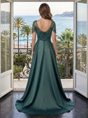 Satin A Line Short Sleeves Long Evening Dresses with Pockets