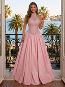 Satin A Line Halter Sleeveless Long Evening Dresses