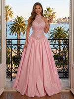 Satin A Line Halter Sleeveless Long Evening Dresses
