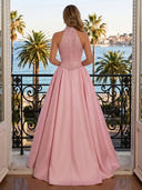 Satin A Line Halter Sleeveless Long Evening Dresses