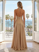 Satin A Line Halter Sleeveless Long Evening Dresses with Slit