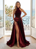 Velvet A Line Halter Sleeveless Long Evening Dresses with Flower