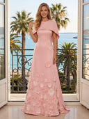 Satin A Line Boat Neck Long Evening Dresses with Flower