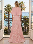Satin A Line Boat Neck Long Evening Dresses with Flower