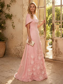 Satin A Line Boat Neck Long Evening Dresses with Flower