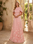 Satin A Line Boat Neck Long Evening Dresses with Flower