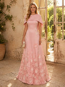 Satin A Line Boat Neck Long Evening Dresses with Flower