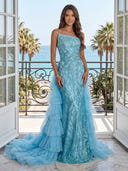 Sequin Mermaid Strapless Sleeveless Long Evening Dresses with Tiered
