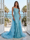 Sequin Mermaid Strapless Sleeveless Long Evening Dresses with Tiered