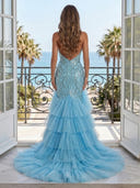 Sequin Mermaid Strapless Sleeveless Long Evening Dresses with Tiered