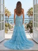 Sequin Mermaid Strapless Sleeveless Long Evening Dresses with Tiered