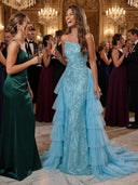 Sequin Mermaid Strapless Sleeveless Long Evening Dresses with Tiered