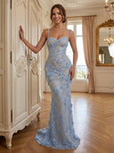 Sequin Mermaid Spaghetti Straps Long Evening Dresses with Flowers