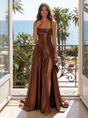Glitter Sequin A Line Squre Neck Spaghetti Straps Long Evening Dresses with Slit
