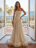 Tulle A Line Strapless Sleeveless Long Evening Dresses with Feather