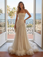 Tulle A Line Strapless Sleeveless Long Evening Dresses with Feather