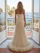 Tulle A Line Strapless Sleeveless Long Evening Dresses with Feather
