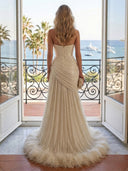 Tulle A Line Strapless Sleeveless Long Evening Dresses with Feather