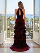 Tiered Velvet Mermaid Halter Sleeveless Long Evening Dresses with Slit