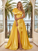 Satin A Line One Shoulder Bow Long Evening Dresses with Slit