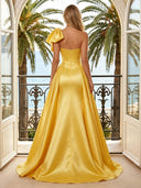 Satin A Line One Shoulder Bow Long Evening Dresses with Slit