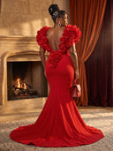 Satin Mermaid Off Shoulder Long Evening Dresses with Flowers