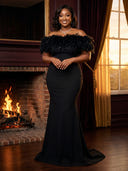 Satin Mermaid Off Shoulder Long Evening Dresses with Feather