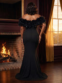 Satin Mermaid Off Shoulder Long Evening Dresses with Feather