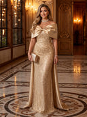 Sequin Off The Shoulder Mermaid Long Evening Dresses with Bow