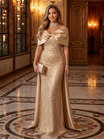 Sequin Off The Shoulder Mermaid Long Evening Dresses with Bow