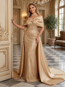 Sequin Off The Shoulder Mermaid Long Evening Dresses with Bow