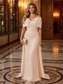 Sequin Off The Shoulder Mermaid Long Evening Dresses with Bow