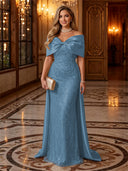 Sequin Off The Shoulder Mermaid Long Evening Dresses with Bow