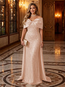 Sequin Off The Shoulder Mermaid Long Evening Dresses with Bow